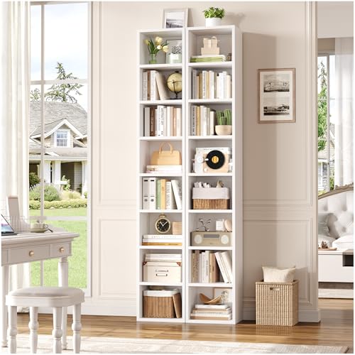FOTOSOK Bookshelf Bookcase 8-Tier Narrow Bookshelf Tall CD Media Tower Rack | 11.6 X 9.3 X 70.9 White Bookshelf, Tall Narrow Slim Skinny Display Bookcase with Cube Storage and 4 Adjustable Shelves - color: White