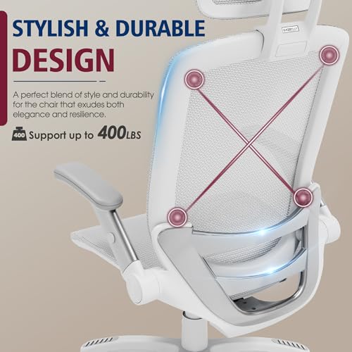 GABRYLLY Ergonomic Office Chair, High Back Home Desk Chair with 2D Flip-Up Arms, 3D Headrest, 90-120° Tilt and Wide Cushion, Big and Tall Mesh Chairs for Man Woman, Computer Task Chair Light Grey - color: White Frame Grey Mesh