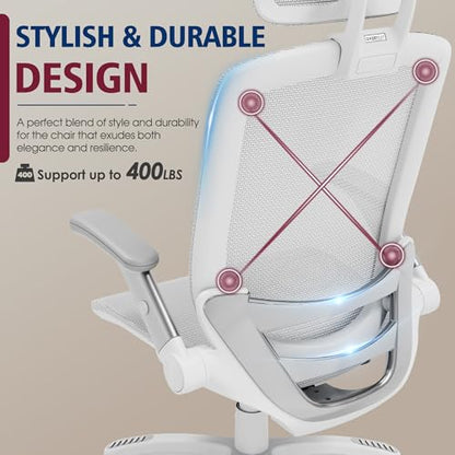 GABRYLLY Ergonomic Office Chair, High Back Home Desk Chair with 2D Flip-Up Arms, 3D Headrest, 90-120° Tilt and Wide Cushion, Big and Tall Mesh Chairs for Man Woman, Computer Task Chair Light Grey - color: White Frame Grey Mesh