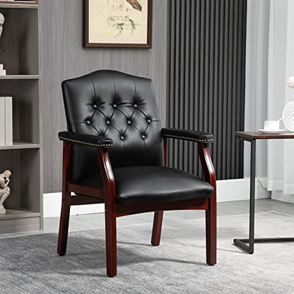 Black Leather Office Chairs Set of 2 -Ergonomic Executive Guest Chairs for Reception, Multi-Scene Use (Waiting Room, Meeting, Conference, Lobby, Conference, Church) High Back No Wheels with Arm Design - color: 2 Unit