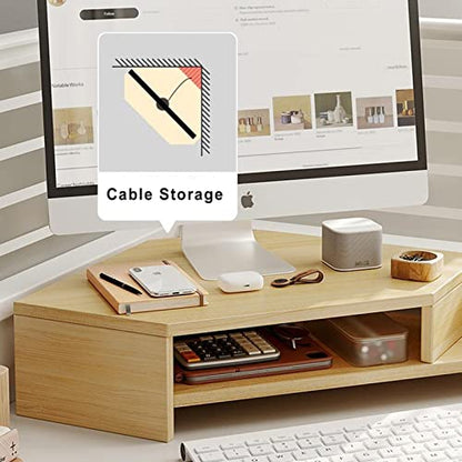 ROYUMI Double Layer Wooden Corner Monitor Stand, Monitor Riser for L Shaped Desk, Corner Laptop Stand with Slots, Space Saving Corner Desk Riser