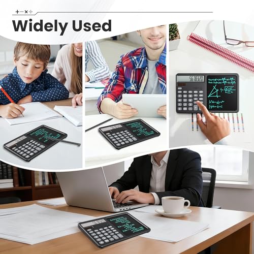 Desk Calculator with 7" LCD Writing Tablet, Stable Foldable Kickstand with Ergonomic 15° Viewing Angle, 12-Digit Large Display, Solar & Battery Dual Power, 2-in-1 Notepad Calculator -Black