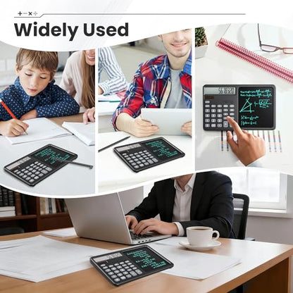 Desk Calculator with 7" LCD Writing Tablet, Stable Foldable Kickstand with Ergonomic 15° Viewing Angle, 12-Digit Large Display, Solar & Battery Dual Power, 2-in-1 Notepad Calculator -Black