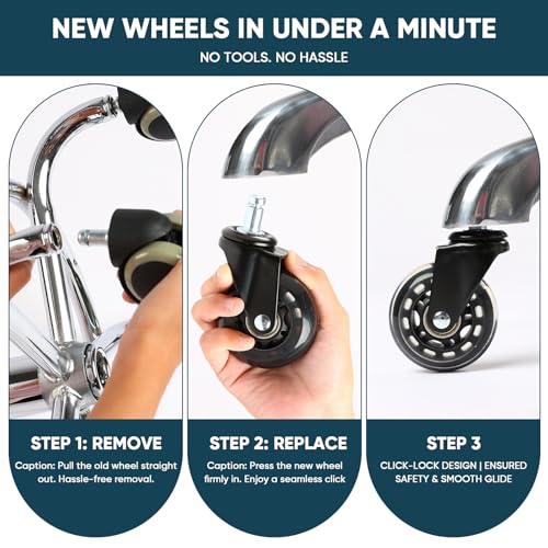 2.5 Inch Office Chair Wheels Set of 5, Replacement Casters for Hardwood Floors, Carpet & Tile - Universal Fit, Quiet & Safe Rolling, Easy to Install for Most Office and Gaming Chairs