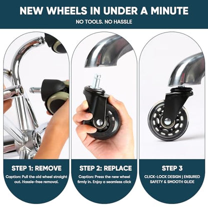 2.5 Inch Office Chair Wheels Set of 5, Replacement Casters for Hardwood Floors, Carpet & Tile - Universal Fit, Quiet & Safe Rolling, Easy to Install for Most Office and Gaming Chairs