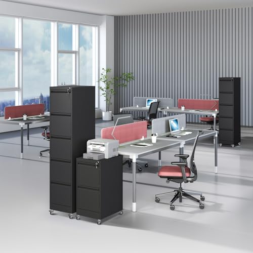 5 Drawer File Cabinet with Wheels, Metal Mobile File Cabinet with Lock, Rolling Filing Cabinet Home Office for Hanging File Folders, Letter Size, Legal Size, A4 Size, Require-Assembled, Black - color: Black, size: 64.10"H-5 Drawer