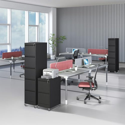 5 Drawer File Cabinet with Wheels, Metal Mobile File Cabinet with Lock, Rolling Filing Cabinet Home Office for Hanging File Folders, Letter Size, Legal Size, A4 Size, Require-Assembled, Black - color: Black, size: 64.10"H-5 Drawer