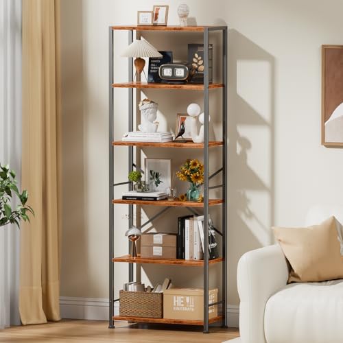 Furologee 6 Tier Book Shelf, Tall Wide Bookshelf, Industrial Open Bookcase, Display Shelves Storage Organizer, Shelving Unit for Living Room, Home Office, Bedroom, Rustic Brown | 20'' Wide Industrial Storage Shelves with X Crossbar, Shelving Units for Bed