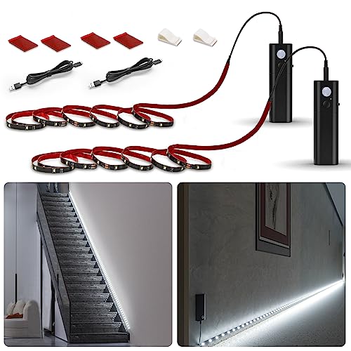 WOBANE Motion Sensor Closet Strip Lights, Rechargeable White LED Lighting | 2x6.56ft Motion Activated Battery Powered LED Strip, 60 LEDs Homelife Bar for Wardrobe,Stair,Pantry,Counter,Bed,6000K,Black - color: White, size: 2*6.56ft Black