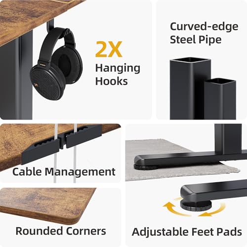 Claiks Electric Height Adjustable Standing Desk, 63x24 Inch, Rustic Brown | Smooth Height Adjustment, 3 Memory Presets, Cable Management Hub&Hook, Stable Steel Frame, 176lbs Capacity, Easy Assembly - color: Rustic Brown, size: 63