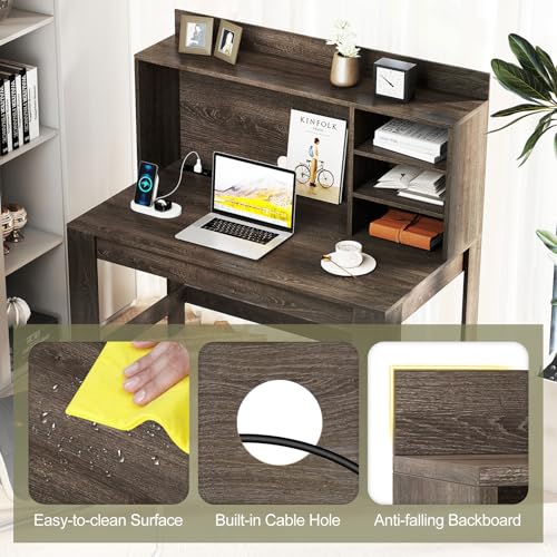 Giantex Computer Desk with Hutch, Modern Home Office Desk with Power Outlets, Storage Shelves & Cable Hole, Makeup Vanity Table, Study Writing Desk for Bedroom Office Small Space (Grey Oak) - color: Grey Oak