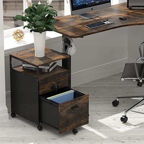 SHW Box File Rolling Mobile Cabinet with Lockable Drawer, Rustic Brown - color: Rustic Brown