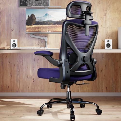 Ergonomic Office Chair: Mesh Desk Chair Comfy with Headrest& Lumbar Support | Ergalithic Big and Tall Office Chairs with Wheels & Flip-Up Arms-Computer Gaming Chairs for Adults Home Office(Purple) - color: Purple, size: Pack of 1