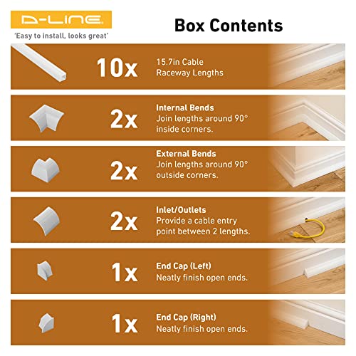 D-Line 157in White Corner Cable Concealer Multipack, Floor Wire Hider, Quarter Round Cord Cover, Organize Cords in Corners, Floor Molding - 10x 15.7in Lengths & Accessories - color: White