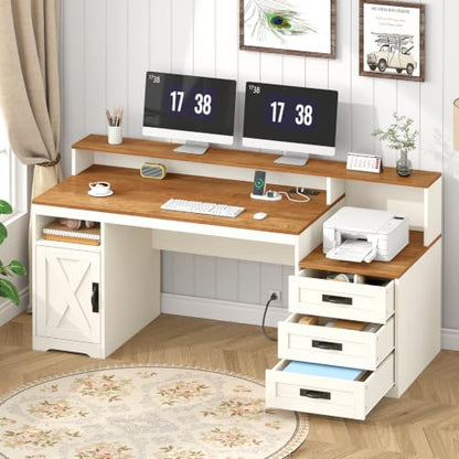 65" Farmhouse Computer Desk with Drawers and Printer Stand for Home Office - color: Brown and White