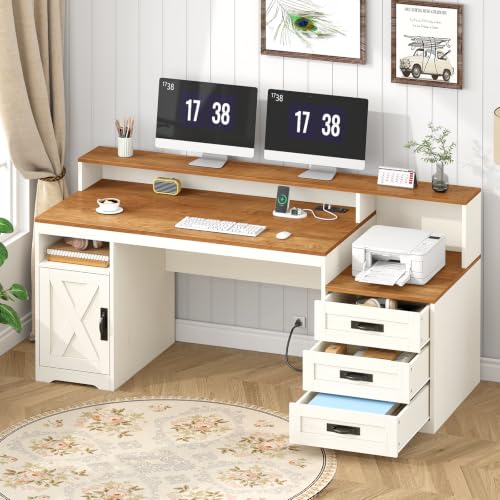65" Farmhouse Computer Desk with Drawers and Printer Stand for Home Office - color: Brown and White