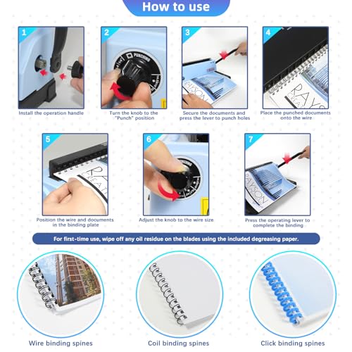 Rayson 3:1 Pitch Wire Binding Machine Bundle, 32-Hole Letter Size Binder, Punches 12 Sheets, Binds up to 120 Sheets, with 100 Black 1/2" 32-Loop Wire Binding Spines