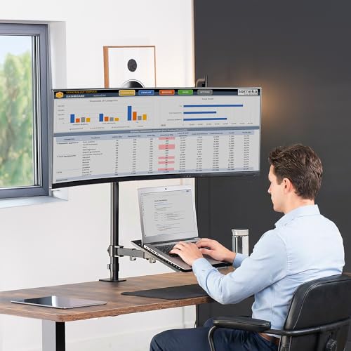 VIVO Extra Tall Desk Mount for up to 49 inch Ultrawide and Tray for up to 17 inch Laptop, Clamp-on Adjustable Stand Holds 44 lb Screens, VESA up to 100x100, Black, STAND-V012C