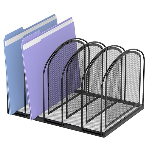 5-Section File Organizer for Desk, Metal File Folder Holder, Black | 5 Vertical Compartments with Sturdy Metal Base for Office Documents Books Magazines and Laptop - color: Black, size: 5 Section