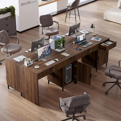 47" Office Desk with Fluted Drawers, Wooden Home Exectuive Desk with Storage Cabinet, Charging Station, Metal Legs Modern Farmhouse Computer Desk for Work, Study, Brown - color: Brown