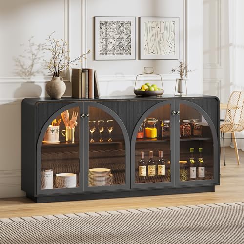 Sideboard Buffet Cabinet with Storage, 68" Black Credenza Accent Cabinet Buffet Table w/4 Arched Glass Doors & LED Light, Modern Coffee Bar Liquor Cabinet w/2 Shelves for Kitchen Entryway - color: Black, size: 15.75"D x 68"W x 34"H