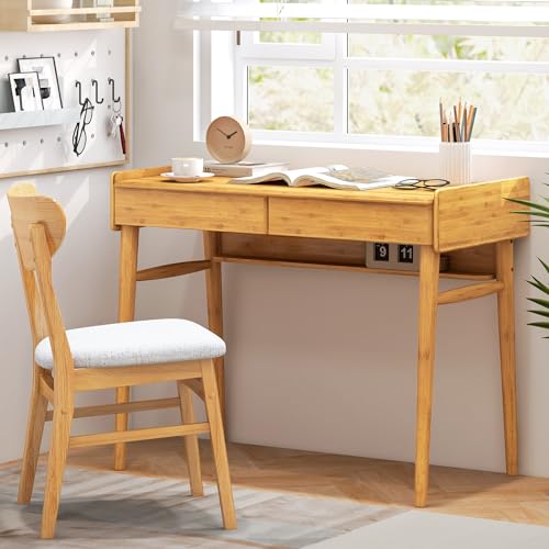 Tangkula Bamboo Mid Century Desk with 2 Storage Drawers, Home Office Study Writing Desk with Shelf & Cable Management Groove, Home Office Desk for Working & Learning (Natural) - color: Natural