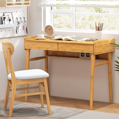 Tangkula Bamboo Mid Century Desk with 2 Storage Drawers, Home Office Study Writing Desk with Shelf & Cable Management Groove, Home Office Desk for Working & Learning (Natural) - color: Natural