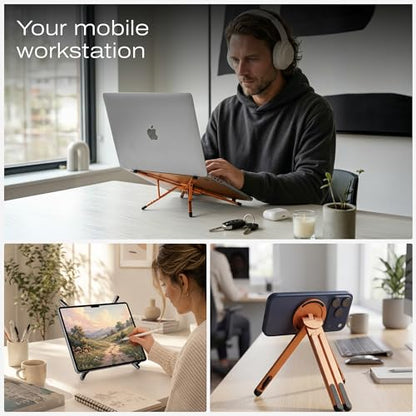 C Coiro 3-in-1 Magnetic Foldable Laptop Stand and Phone Stand for Desk Aluminum Alloy Adjustable Holder 10–16” Laptops & 4–13” Phones/Tablets, Magnetic Compatible with iPhone Android, Orange - color: Orange