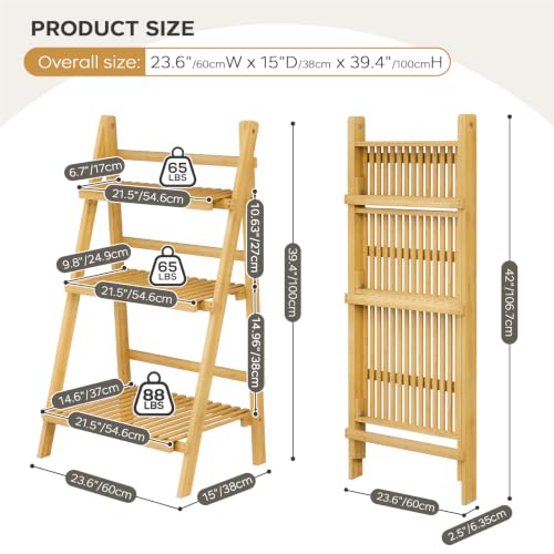 Foldable Ladder Shelf 39.4", Plant Shelf 3 Tier, Bamboo Ladder Bookshelf - color: 3-tier Natural
