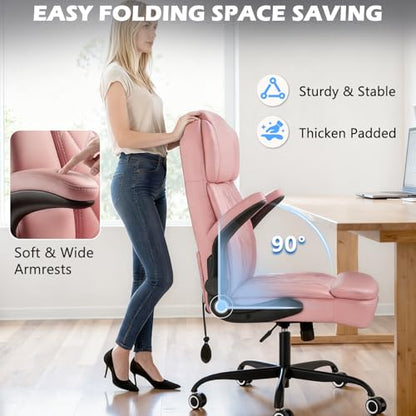 450 LBS Big and Tall Executive Office Chair with Flip up Arm, Heavy Duty Leather Computer Desk Chair,Comfortable High Back Swivel Home Office Chair with Rolling for Adults (Pink) - color: Pink