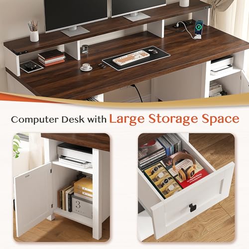 EnHomee 55" Farmhouse Writing Desk with Long Monitor Stand,Cabinet,Drawer | Sturdy Wooden Frame No Wobble,3AC+2USB for Multiple Devices,Farmhouse-style Classy Bedroom Aesthetic,White