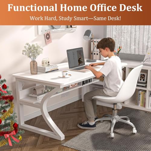 47'' Computer Desk Home Office Desk, Modern Computer Desk w/U Shaped Metal Frame, Storage Shelves, PC Table Study Writing Desk Workstation for Home Office (47inch/White) - size: 47inch/white