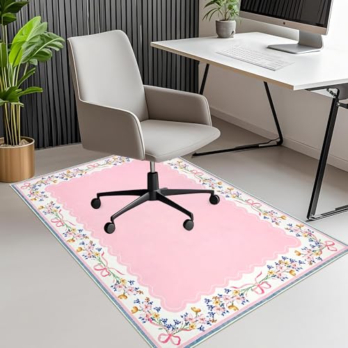 Office Chair Mat for Hardwood/Tile Floor, 36"x48"Desk Chair Mat for Rolling, Non Slip Under TPR Backing Low-Pile Rug(Pink Bow Flower EA) - color: Pink Bow Flower Ea