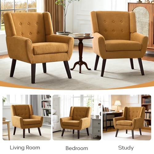 HUIMO Living Room Chairs Set of 2,Upholstered Button Linen Accent Chair | Mid Century Fabric Modern Armchair,Comfy Arm Club Sofa Chairs for Living Room Reading Bedroom,Waiting Room Yellow 2PCS - color: Yellow