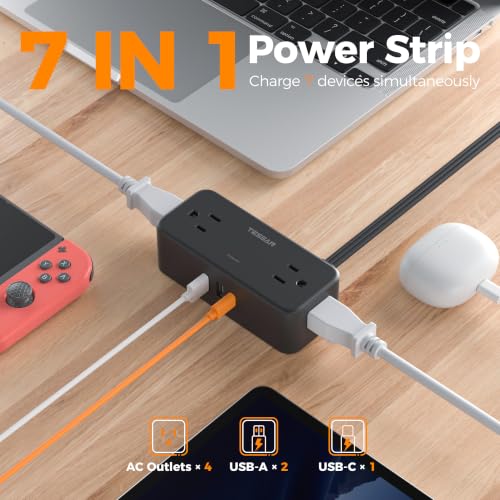 TESSAN Extension Cord 5 FT, Power Strip with 900J Surge Protection, Black | 4 AC Outlets 1 USB C and 2 USB A Ports, Flat Plug, Multiple Wall Outlet Extender Suitable for Office Dorm - color: Black, size: 5 FT (1 USB-C, 2 USB-A)