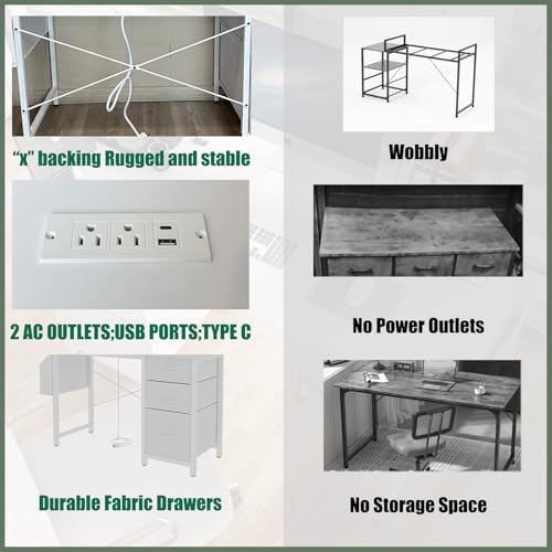 Reversible Computer Desk Gaming Desk with Power Outlet and 47" Desktop, Modern Writing Study Work Table with 3 Fabric Drawers and Extra Large Side Pocket for Bedroom, White