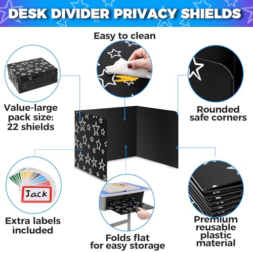 22-Pack Desk Dividers for Students - Star, Durable & Waterproof Plastic Study Carrel Divider, Classroom Folders Teacher Supplies, Easy-to-Clean Plastic Privacy Shield Folder Boards for Student Desks