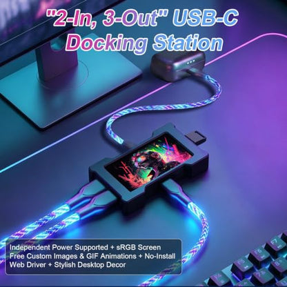USB C Hub Docking Station with 1.9”IPS Smart Display, Power Monitor Screen | Aluminum Alloy Mini Desktop Dock, 2-In 3-Out 8K Usbc Splitter, DIY GIF Digital Photo Frame for Gaming & Desk Setup, Black