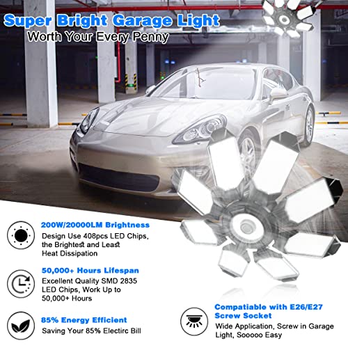 Garage Lights - Ultra Brighter 80,000LM Garage LED 6500K Daylight | E26/E27 Screw in LED Light Bulb w/ 8 Deformable Panels Compatible for Workshop Basement Attic Utility Laundry Storage - 4Pack - size: 200W - 4Pack