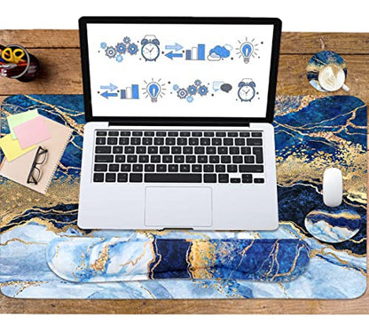 4-in-1 Large Gaming Mouse Pad, Keyboard Wrist Rest Pad & Wrist Support Mousepad Set, Extended Desk Pad Waterproof Desk Mat for Home Office Study Game - Blue Gold Marble - color: Blue Gold Marble