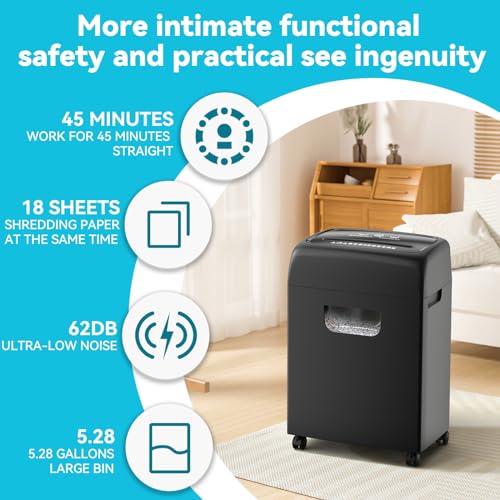 18-Sheet Heavy Duty Cross-Cut Paper Shredder with 5.28 Gallon Pullout Bin - P-4 Security Level Paper Shredder for Home Office Use, 45-Min Continuous Operation & Ultra-Quiet 62 dB Performance