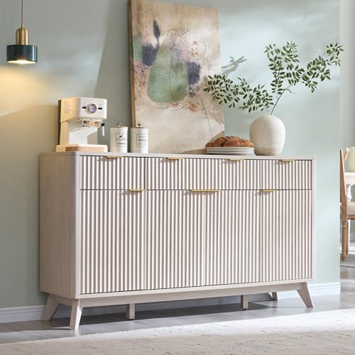 T4TREAM 60 Inch Fluted Buffet Sideboard Cabinet, White Alder | Modern Coffee Bar Storage Cabinet With 3 Drawers & 4 Doors, for Dining Room, Living Room, Hallway, Adjustable shelves - color: White Alder