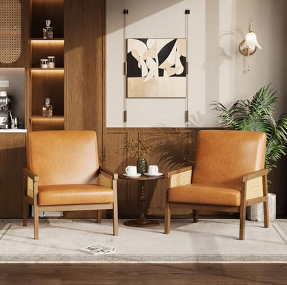Garvee PU Leather Accent Chair, Rattan Armchair with Wooden Frame, High Back, Upholstered Reading Chair Leisure Chairs for Living Room Bedroom Waiting Room Reception, Brown - color: Pu Leather, Brown