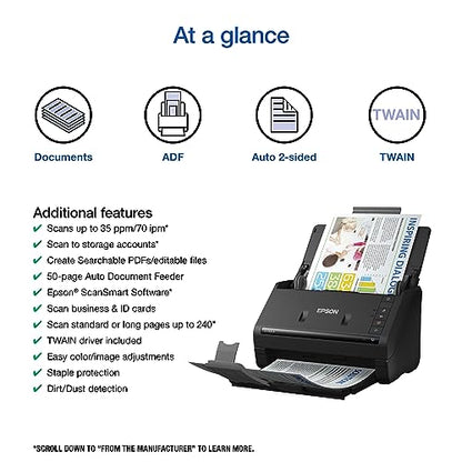 Epson Workforce ES-400 II High-Speed Color Duplex Desktop Document Scanner | For Computers including PC and Mac with Auto Document Feeder and Image Adjustment Tools