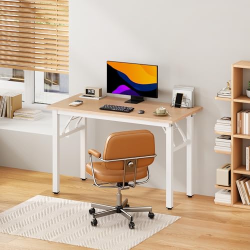 DlandHome 39.4 Inch Small Folding Computer Desk for Home Office, Pink Oak - color: Pink Oak + White, size: 39 Inches