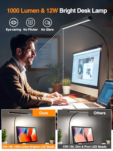 Schreibtischlampe LED Dimmbar,5 Farben+9 Helligkeitsstufen Monitor Lampe | 1000 Lumen Augenschutz LED Schreibtischlampe Klemmbar,12W Tischlampe mit Fernbedienung+ Touch-Steuerung für Büro/PC/Study - color: Black-US
