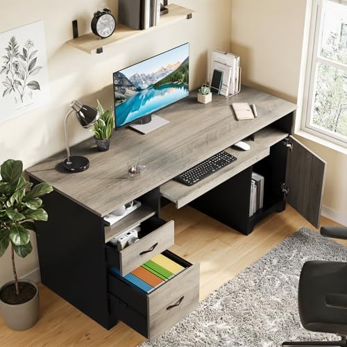 Bestier 59" Executive Desk, File Drawer, Keyboard Tray & 2 Drawers, Gray | File Drawer For Letter/A4/Legal Folders, 2 Storage Drawers, Keyboard Tray, Cable Management, 200 LBS Capacity, Wood Finish - color: Gray&black