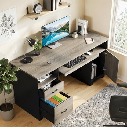 Bestier 59" Executive Desk, File Drawer, Keyboard Tray & 2 Drawers, Gray | File Drawer For Letter/A4/Legal Folders, 2 Storage Drawers, Keyboard Tray, Cable Management, 200 LBS Capacity, Wood Finish - color: Gray&black