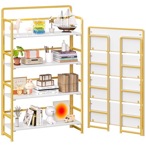 4NM No Assembly Extra Wide 4 Tiers Folding Bookshelf Storage Shelves Vintage Bookcase Standing Racks Study Organizer Home Office (White Gold) - color: White Gold, size: Wide 4 Tiers