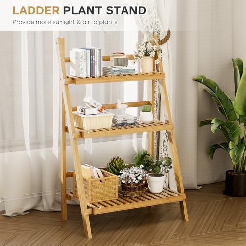 Foldable Ladder Shelf 39.4", Plant Shelf 3 Tier, Bamboo Ladder Bookshelf - color: 3-tier Natural